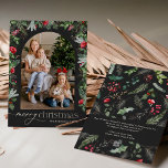 Cartão De Festividades Cinza Escura Chic Arch 1 Foto Feliz Natal<br><div class="desc">Esta coleção apresenta florais vermelhos de aquarela,  bagas e verde de inverno com tipografia moderna e elegante,  com padrão botânico de inverno.</div>