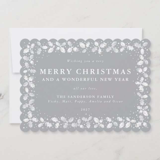 Cartão De Festividades Cinza Holly Deixa A Borda Sem Foto Plana (Frente)