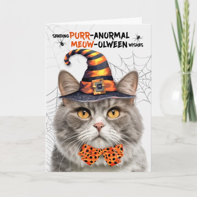 Cartão De Festividades Cinza Marmorsled Halloween Cat PURRanormal MEOWolb (Frente)