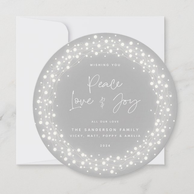 Cartão De Festividades Cinza Script Font Peace Love+Joy Sparkes Lights (Frente)