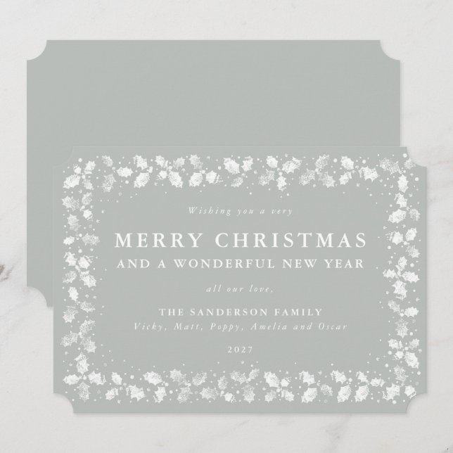 Cartão De Festividades Cinza Verde Lino Impressão Holly Feliz Natal (Frente/Verso)