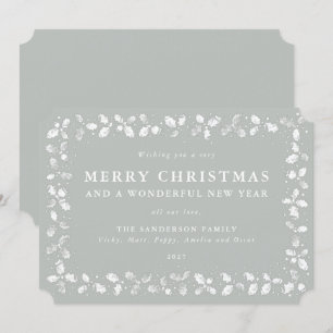 Cartão De Festividades Cinza Verde Lino Impressão Holly Feliz Natal