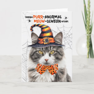Cartão De Festividades Cinza White Halloween Cat PURRolinterm anormal