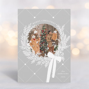 Cartão De Festividades Cinzas de prata e foto de wreath de Natal branco