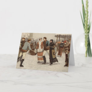 Cartão De Festividades Circa 1899: Patinadores de gelo no Natal