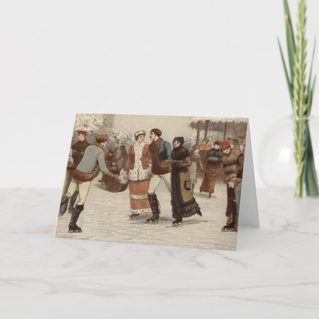 Cartão De Festividades Circa 1899: Patinadores de gelo no Natal (Frente)