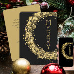 Cartão De Festividades Círculos e Estrelas no Natal Negro Não Foto<br><div class="desc">Círculos e estrelas douradas e pontos num fundo preto rodeiam a palavra "FELIZ" ou a sua mensagem na frente e os seus nomes e saudações nas costas. QUALQUER fonte e cor da fonte. **ADICIONE uma foto no verso com sua saudação personalizada. Selecione Matte para o papel mais pesado e alta...</div>