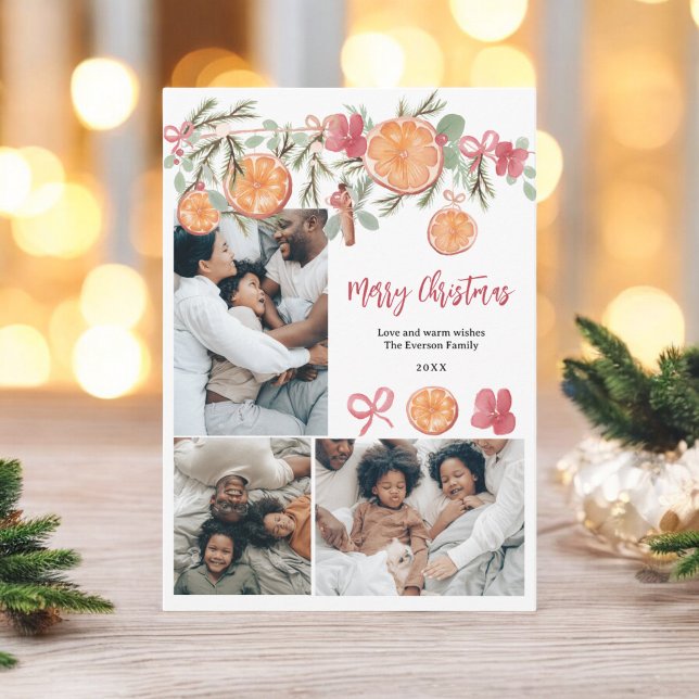 Cartão De Festividades Citrus e Floral 5 Foto Natal (Watercolor Citrus and Floral 5 Photo Christmas Holiday Card)