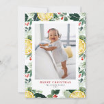 Cartão De Festividades Citrus e Winter Greenery - Foto de Natal<br><div class="desc">Feliz Natal! Dê cartões de natal calorosos à sua família e amigos com esta carta chata de Natal personalizável. Apresenta um padrão botânico de cor d'água de citros, fatias de limão, verde e sagrado. Personalize este cartão de Natal com aquarela adicionando seus próprios detalhes. Este cartão de Natal de limão...</div>