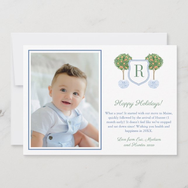 Cartão De Festividades Citrus Feliz Natal Monograma Crista Imagem Feriado (Frente)