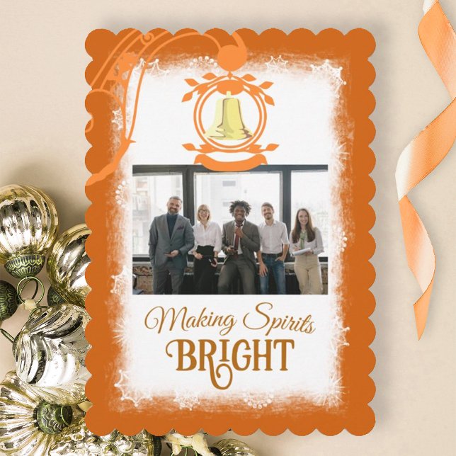 Cartão De Festividades Citrus Orange Company Logo Foto de Natal (citrus orange spice company Christmas card with gold bell and script text, photo greeting card)