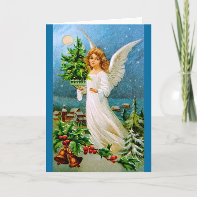 Cartão De Festividades Clapsaddle: Anjo de Natal com Árvore Fir (Frente)
