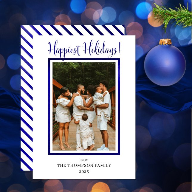 Cartão De Festividades Classe Elegante Falso Folheado Foto Boas Festas (Wish your friends and family "Happiest Holidays" with this royal blue photo design!)