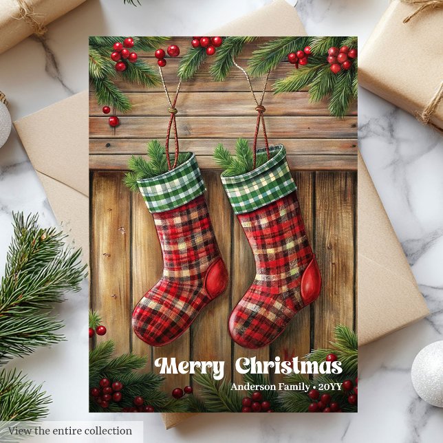 Cartão De Festividades Classic Christmas stocking rustic holly berries (Classic Christmas bells rustic holly berries greeting)