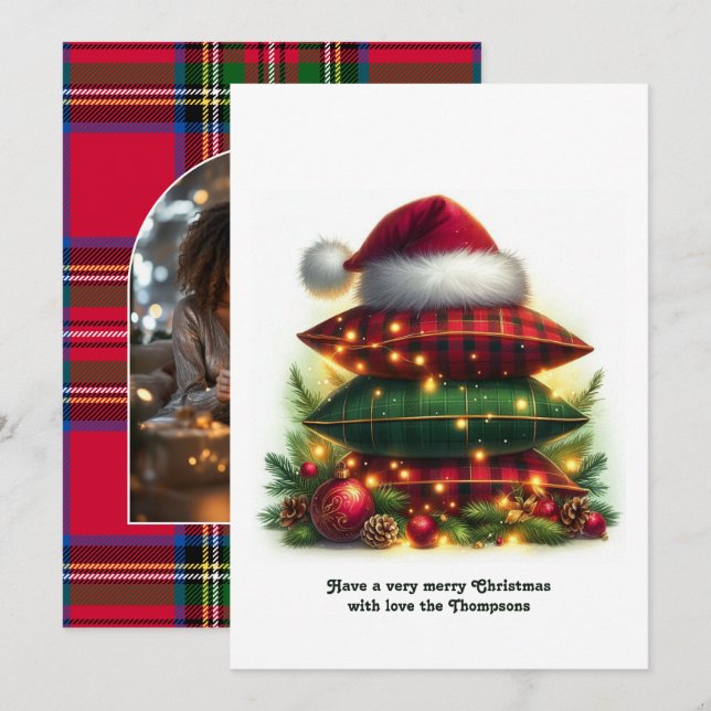 Cartão De Festividades Classic Cozy Plaid Family Holiday Photo (Frente/Verso)