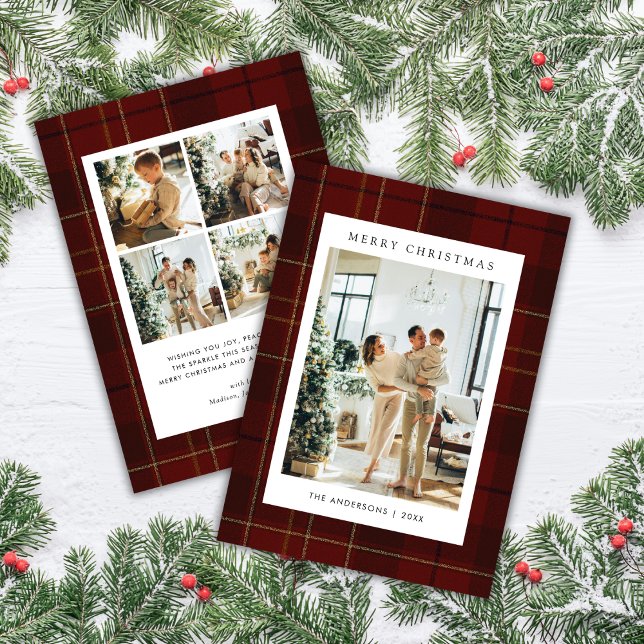 Cartão De Festividades Classic Festive Red Plaid 5 Photo Christmas (Criador carregado)