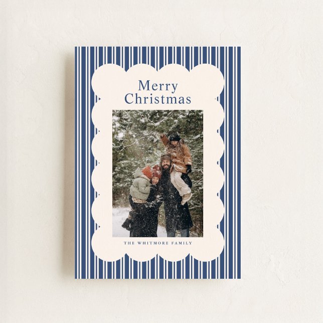 Cartão De Festividades Classic Navy Stripe Photo Holiday Card (Criador carregado)