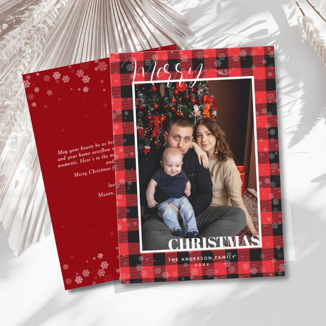 Cartão De Festividades Classic Red Buffalo Plaid Snow Photo Christmas  (Criador carregado)