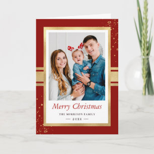 Cartão De Festividades Classic Red Faux Gold Foil Frame Christmas Photo