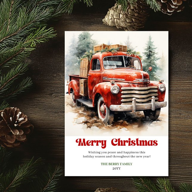 Cartão De Festividades Classic rustic Christmas scene red car design (Classic rustic Christmas scene red car design)