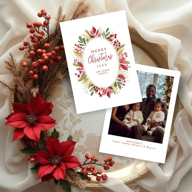 Cartão De Festividades Classic Traditional Christmas Botanical Oval Frame (Classic Traditional Christmas Botanical Oval Frame Holiday Cards with Back Photo.)