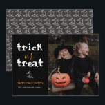 Cartão De Festividades Classic Trick or Treat Halloween Family Photo<br><div class="desc">Celebrate the season with a high-contrast and timeless design. This elegant photo card allows your family portrait to shine while delivering a classic festive message to your friends and loved ones.</div>