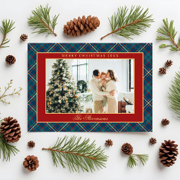 Cartão De Festividades Classic Vintage Red Plaid Crest Photo Christmas