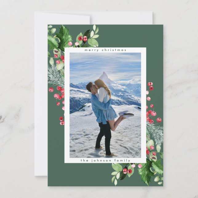 Cartão De Festividades Clássica Aquarela Holly Green Foto de Natal (Frente)