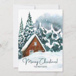 Cartão De Festividades Clássica Floresta de Inverno em Aquarela Feliz Nat