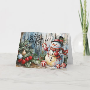 Cartão De Festividades Clássico Aguarela Feliz Natal Boneco de Neve Branc