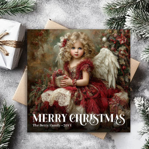 Cartão De Festividades Clássico Anjo Vitoriano Natal Vermelho Borgonha 
