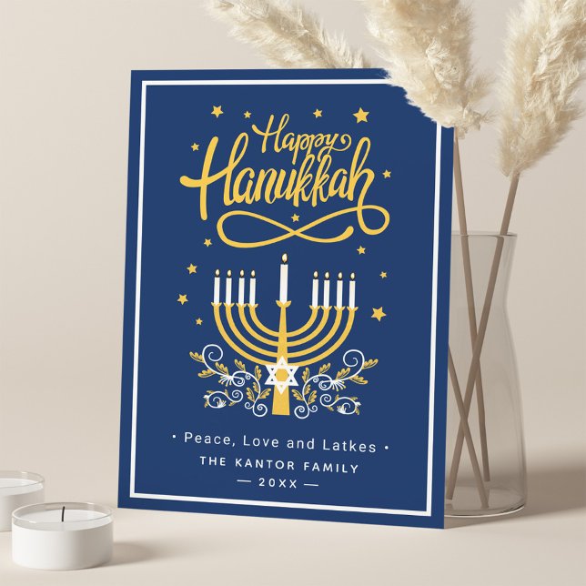 Cartão De Festividades Clássico Azul e Amarelo Menorah Feliz Hanukkah (Criador carregado)
