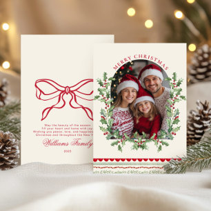 Cartão De Festividades Clássico de Foto da Família com Laço Vermelho Capr