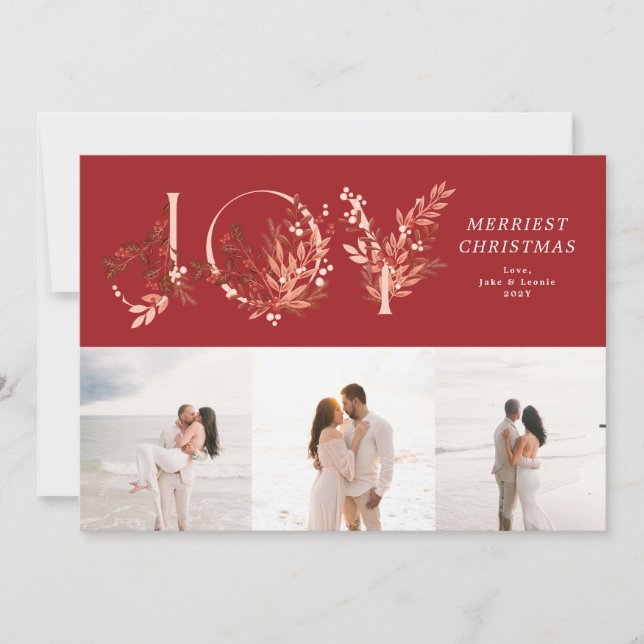 Cartão De Festividades Clássico Natal Vermelho JOY 3 Foto (Frente)