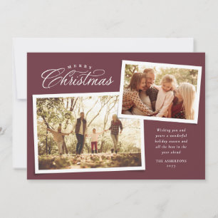 Cartão De Festividades Clássico script Merry Christmas dois fotos roxo