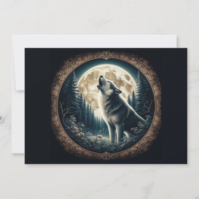 Cartão De Festividades Clássico, vintage lobo e lua (Frente)