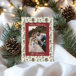Cartão De Festividades Clássico Vintage Vermelho Toile De Jouy Foto Natal