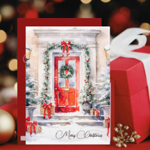 Clássico Watercolor Red Door Green Wreath Natal