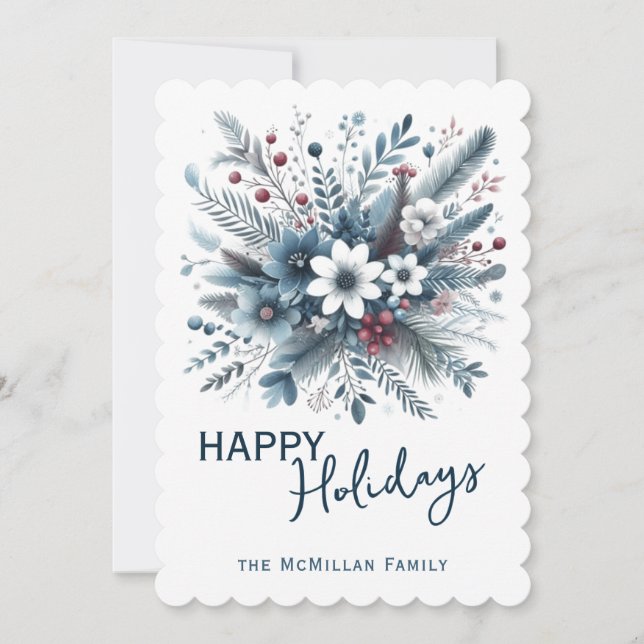 Cartão De Festividades Classy Dark Teal Blue Red Floral Holiday Wreath (Frente)