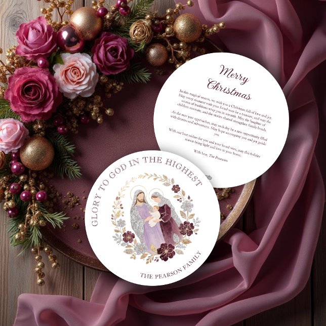 Cartão De Festividades Classy Deep Plum Glitter Holy Nativity Christmas (Classy Deep Plum Glitter Shades Holy Family Nativity Holiday Cards.)