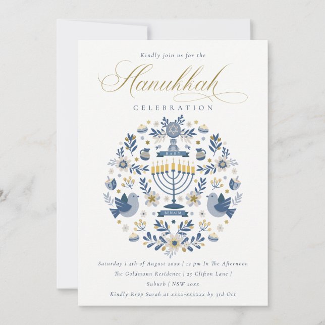 Cartão De Festividades Classy Navy Blue Hanukkah Floral Party (Frente)