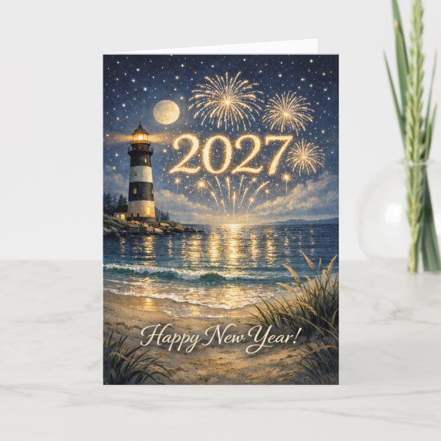 Cartão De Festividades Coastal Lighthouse Fireworks Happy New Year 2027 (Frente)