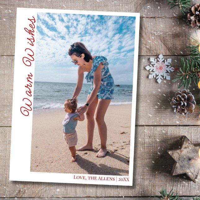 Cartão De Festividades Coastal Red Warm Wishes Two Beach Family Photo  (Criador carregado)