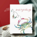 Cartão De Festividades Coaster Watercolor Crab Beach Christmas<br><div class="desc">Este cartão de Natal para o tema costeiro apresenta a minha mão original pintada de caranguejo-d'água com luzes de férias em tons de vermelho, verde, azul e turquesa em um fundo branco nítido. As palavras "Seas" e "Saudações" são definidas numa tipografia moderna com escrita de pincel. O dentro apresenta uma...</div>
