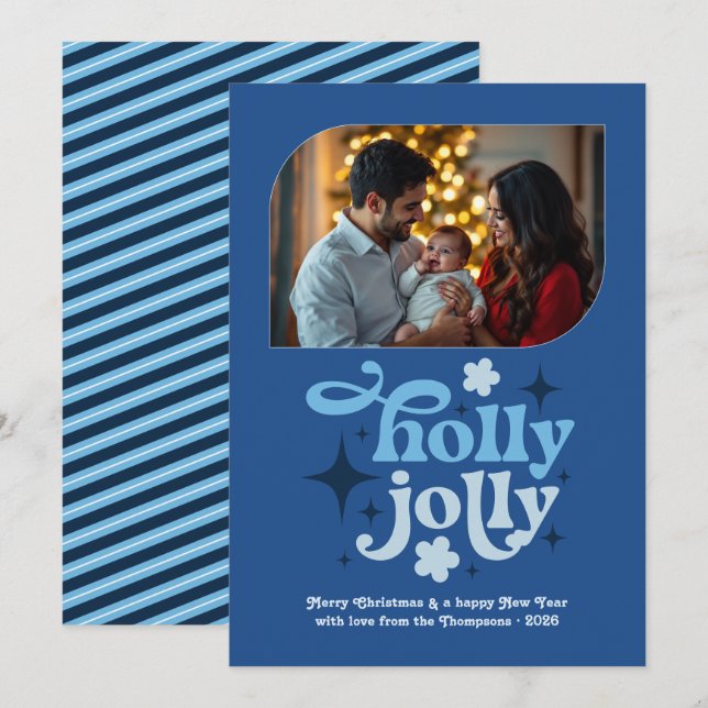 Cartão De Festividades Cobalt Cheer Modern Blue Christmas Photo (Frente/Verso)