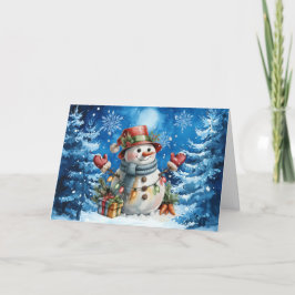 Cartão De Festividades Cobertor Clássico de Natal Azul com Boneco de Neve