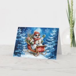 Cartão De Festividades Cobertor Clássico de Natal Azul com Boneco de Neve