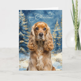 Cartão De Festividades Cocker Spaniel Dog and Blue Winter Pine Forest