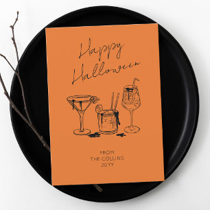Cartão De Festividades Cocktails Laranja de Letra Elegante Feliz Hallowee