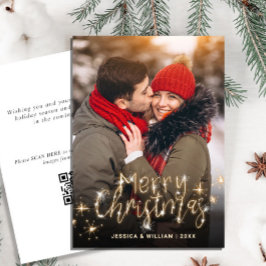 Cartão De Festividades Código de QR da FOTO do Sparkle Dourado Feliz Nata